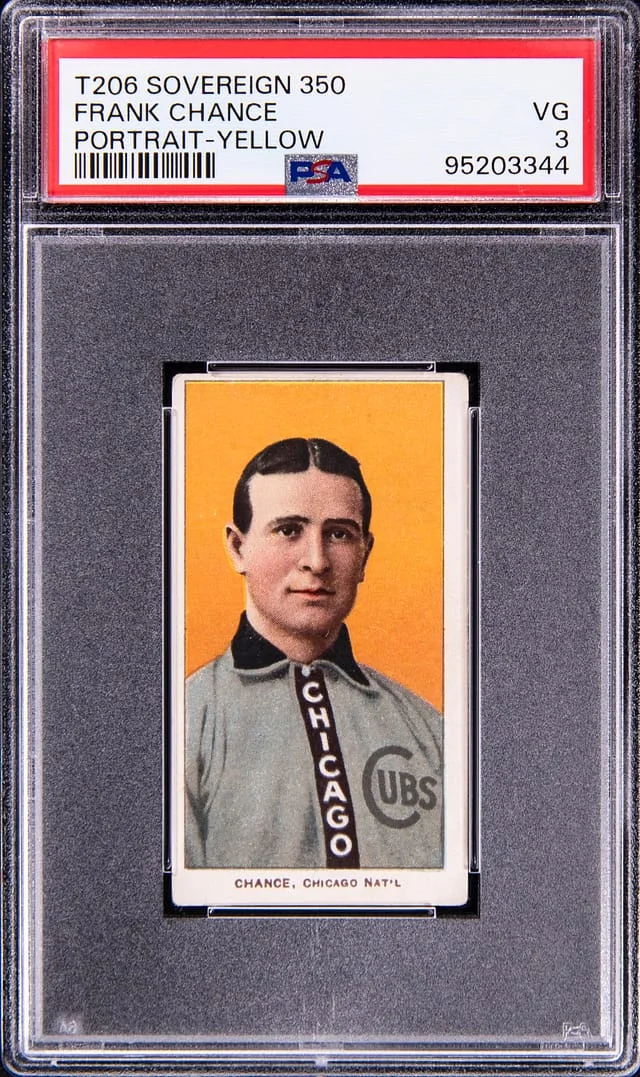 1909-11 T206 Frank Chance, Portrait, Yellow Background - Sovereign 350/25 White Border #no-number card image