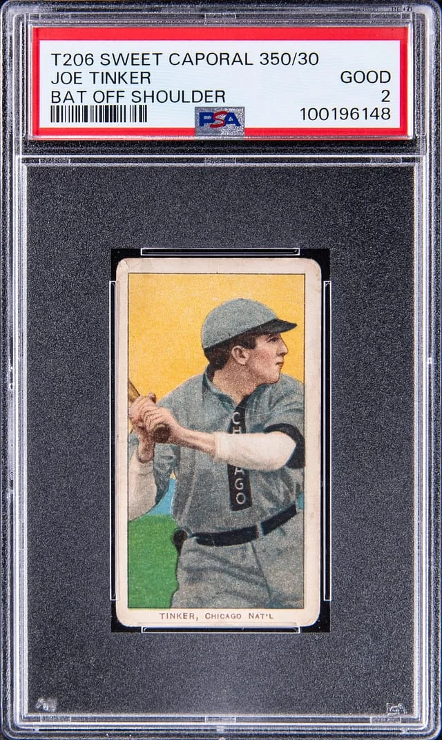 1909-11 T206 Joe Tinker, Bat Off Shoulder White Border #no-number card image