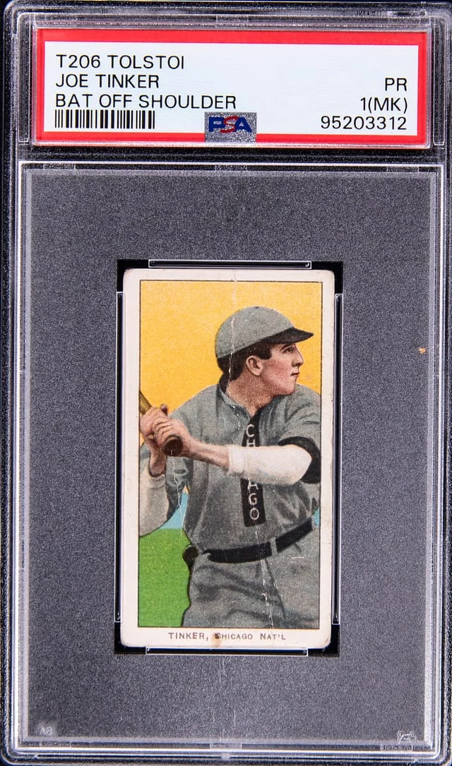 1909-11 T206 Joe Tinker Bat Off Shoulder, Tolstoi Back White Border #no-number card image