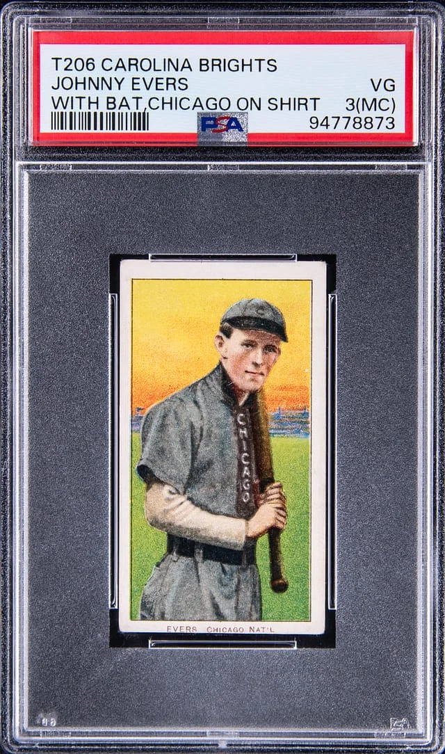 1909-11 T206 Johnny Evers, With Bat, Chicago On Shirt, Scarcer Carolina Brights Back White Border #no-number card image