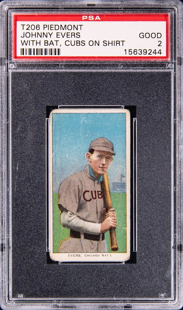 1909-11 T206 Johnny Evers, With Bat, Cubs on Shirt - Piedmont White Border #no-number card image