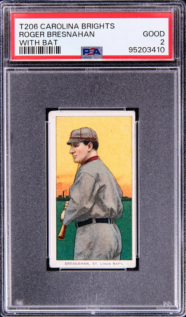 1909-11 T206 Roger Bresnahan, With Bat - Carolina Brights Back White Border #no-number card image