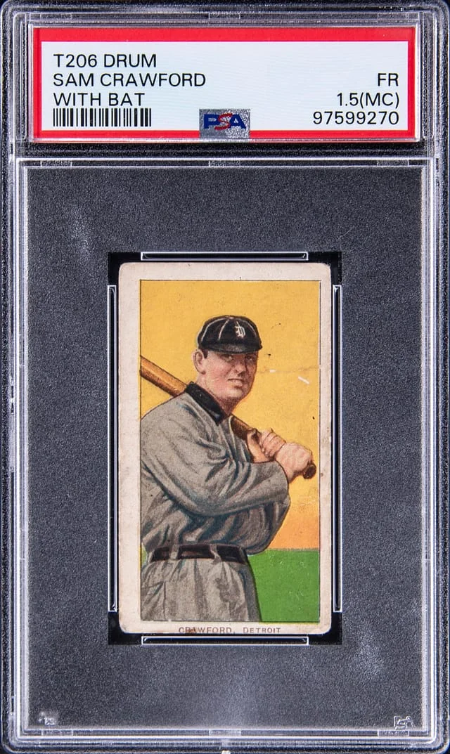 1909-11 T206 Sam Crawford, With Bat - Rare Drum Back White Border #no-number card image