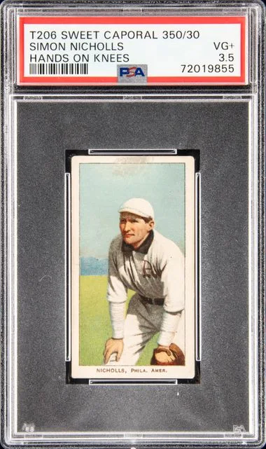 1909-11 T206 Sweet Caporal Simon Nicholls, Hands On Knees #no-number card image