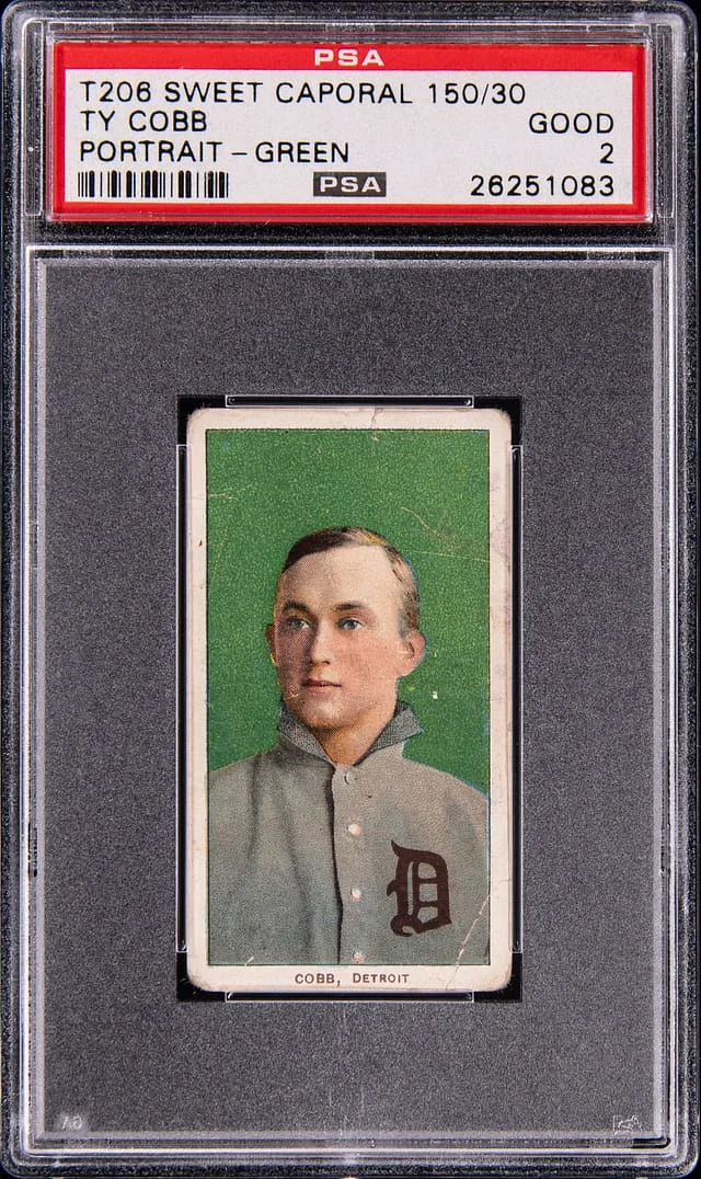 1909-11 T206 Ty Cobb, Portrait, Green Background - Sweet Caporal 150/30 White Border #no-number card image