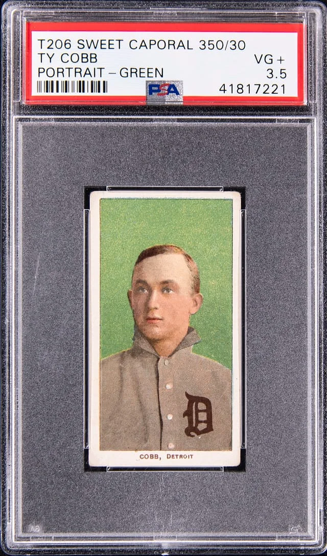 1909-11 T206 Ty Cobb, Portrait, Green Background - Sweet Caporal 350/30 White Border #no-number card image