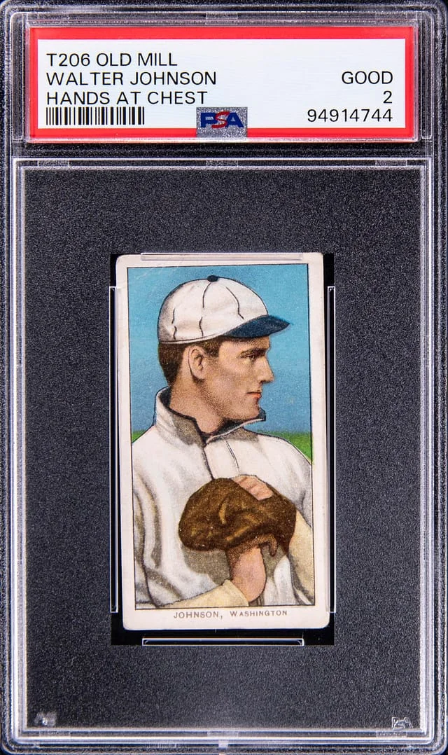 1909-11 T206 Walter Johnson, Hands At Chest - Old Mill Back White Border #no-number card image