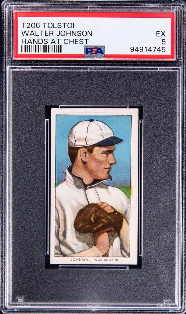 1909-11 T206 Walter Johnson, Hands At Chest - Tolstoi Back White Border #no-number card image