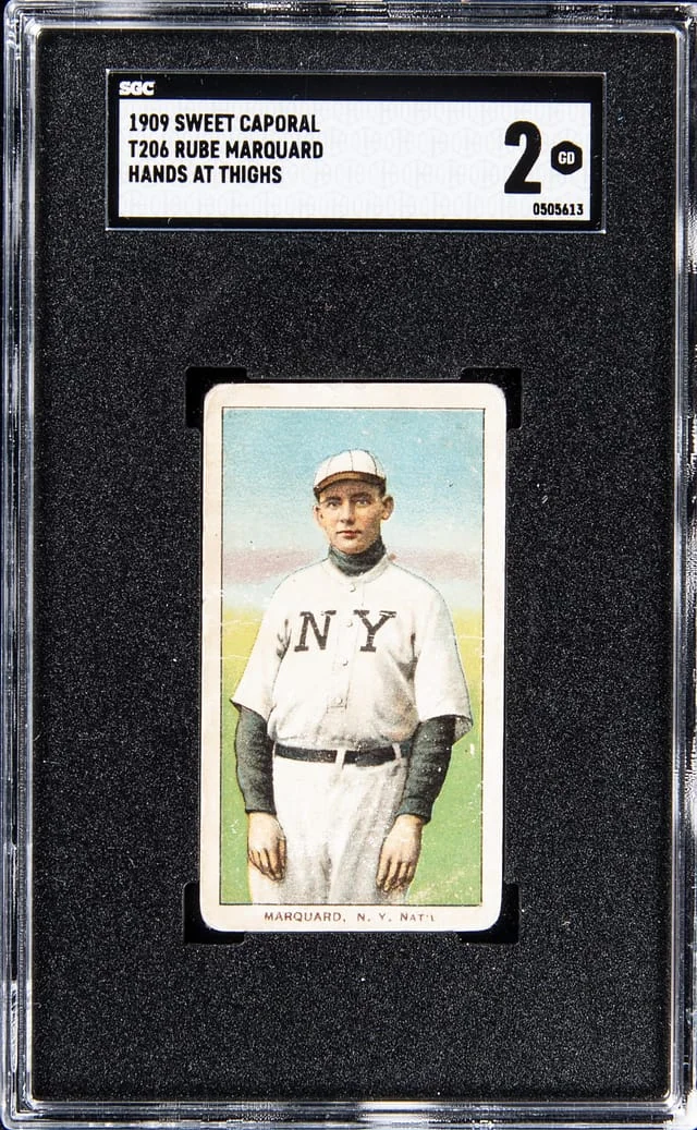 1909 Sweet Caporal Rube Marquard Hands at Thighs #T206 card image