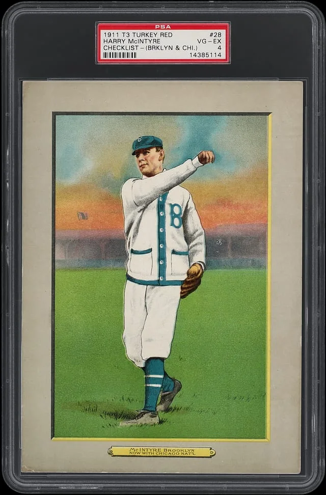 1911 T3 Turkey Red Harry McIntyre, Brooklyn and Chicago, Checklist Back Cabinets #28 card image