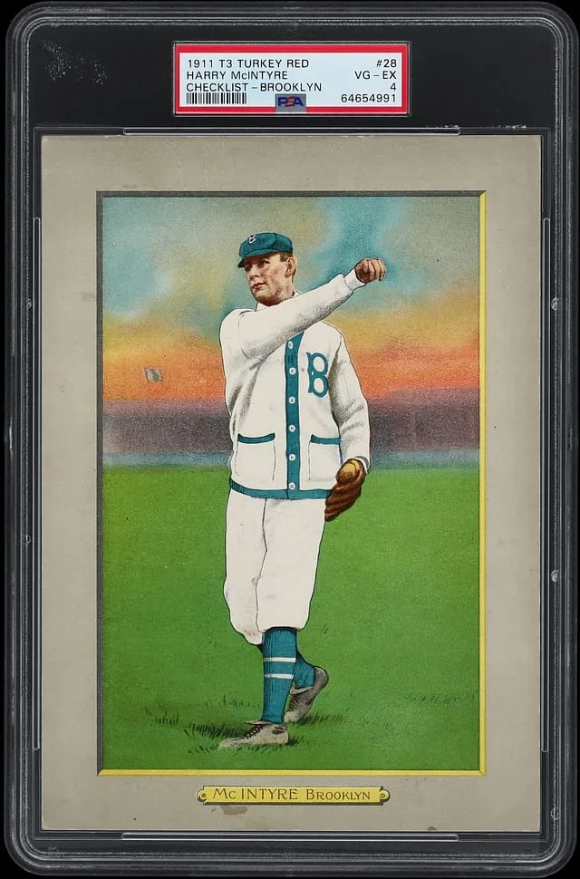 1911 T3 Turkey Red Harry McIntyre, Brooklyn, Checklist Back Cabinets #28 card image