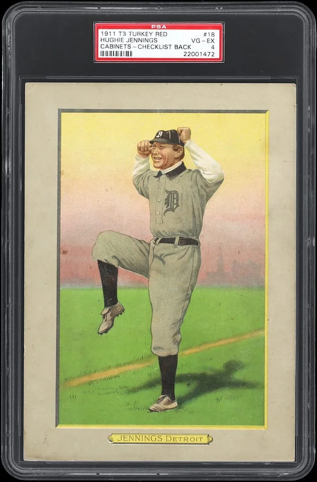 1911 T3 Turkey Red Hughie Jennings, Checklist Back Cabinets #18 card image