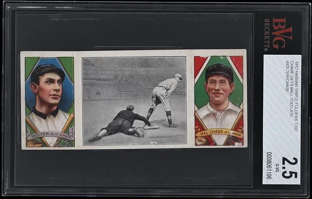 1912 Hassan Triple Folders Chase Gets Ball Too Late Wolter/Chase #T202 card image