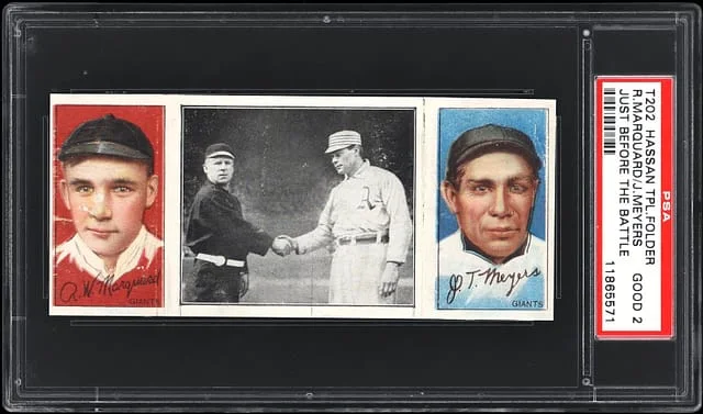 1912 T202 Hassan Triple Folder Richard Marquard/John Meyers #NNO card image