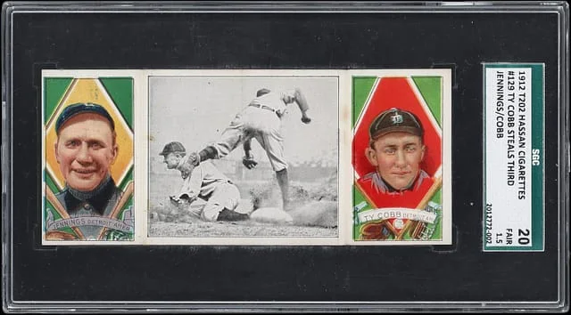 1912 T202 Hassan Triple Folders Ty Cobb Steals Third Ty Cobb/Hugh Jennings #129 card image
