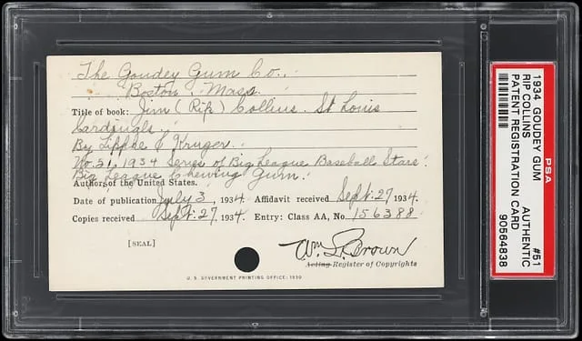 1934 Goudey Rip Collins Gum Patent Registration Card #51 card image