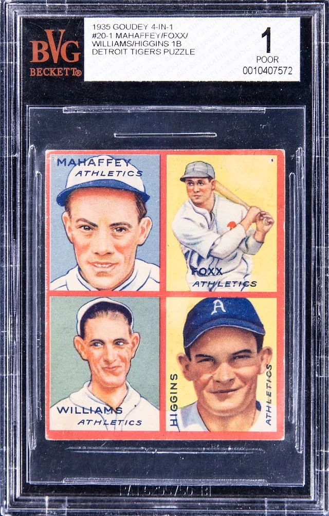 1935 R321 Goudey 4-In-1 Roy Mahaffey/Jimmie Foxx/Dib Williams/Pinky Higgins #20-1 card image