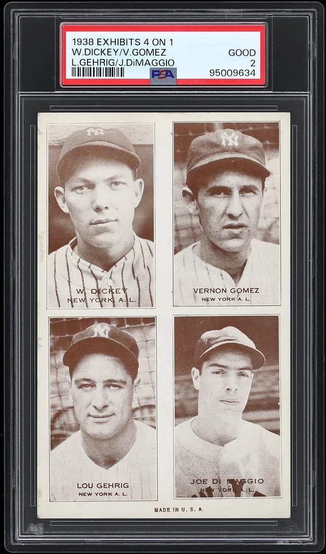1938 Exhibits Joe DiMaggio/Bill Dickey/Lou Gehrig/Lefty Gomez #4-On-1 card image