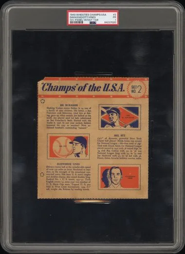 1940 Wheaties Champs/USA, Hand-Cut Panel W/Out Tab Ellsworth Vines/Joe Dimaggio/Mel Ott #2 card image