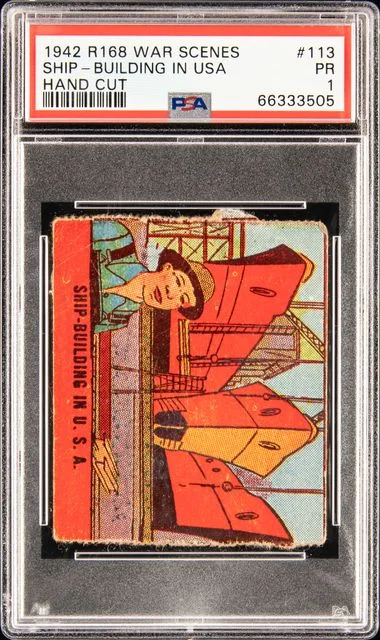 1942 R168 War Scenes-Hand Cut Ship-Building In U.S.A. #113 card image