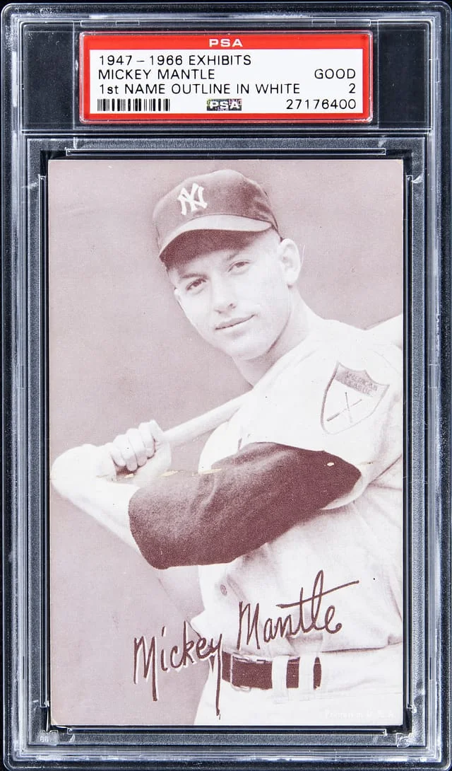 1947-66 Exhibits Name Not Outline in White Mickey Mantle #1st card image