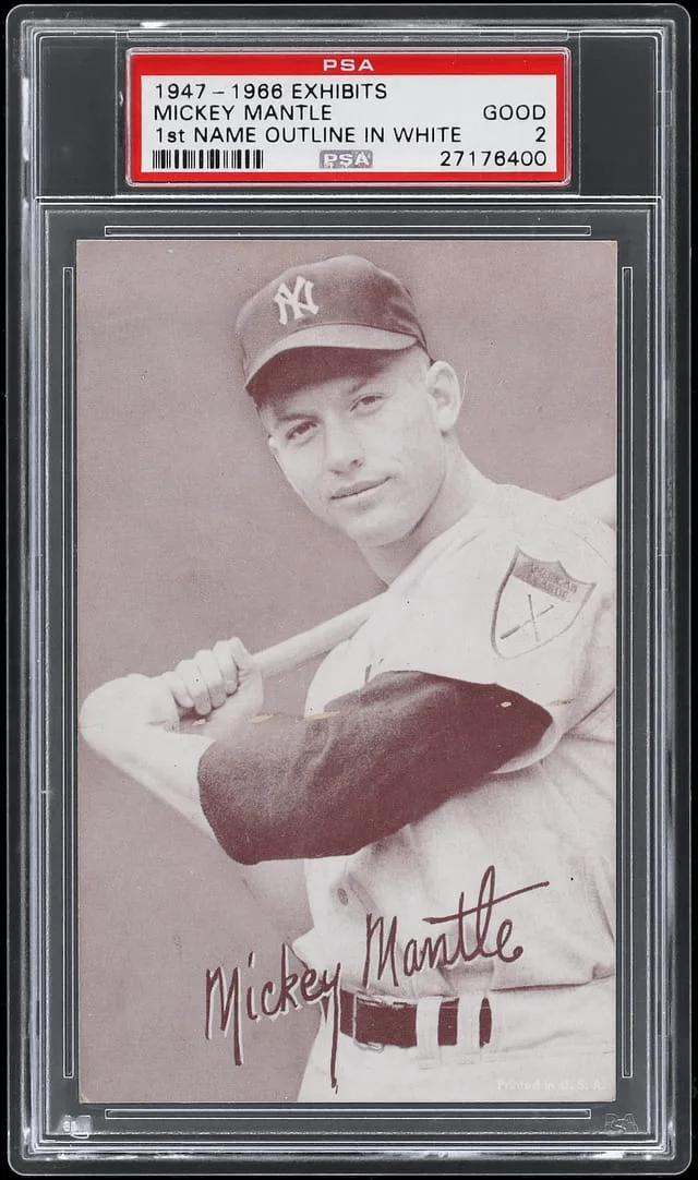 1947-66 Exhibits Name Outline in White Mickey Mantle #1st card image