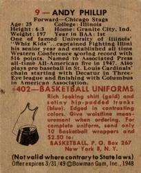 1948 Bowman Andy Phillip #9 card back image