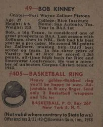 1948 Bowman Bob Kinney #49 card back image