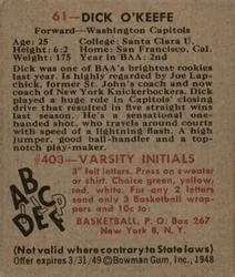 1948 Bowman Dick O'Keefe #61 card back image