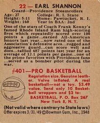 1948 Bowman Earl Shannon #22 card back image