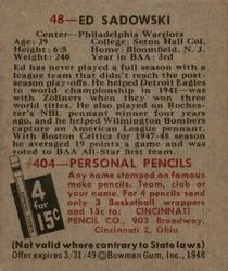 1948 Bowman Ed Sadowski #48 card back image