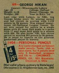 1948 Bowman George Mikan #69 card back image