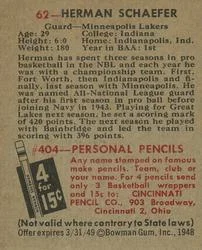 1948 Bowman Herman Schaefer #62 card back image