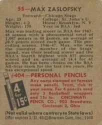 1948 Bowman Max Zaslofsky #55 card back image
