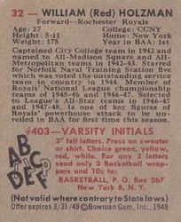 1948 Bowman Red Holzman #32 card back image