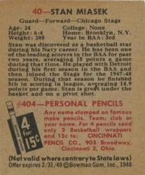 1948 Bowman Stan Miasek #40 card back image