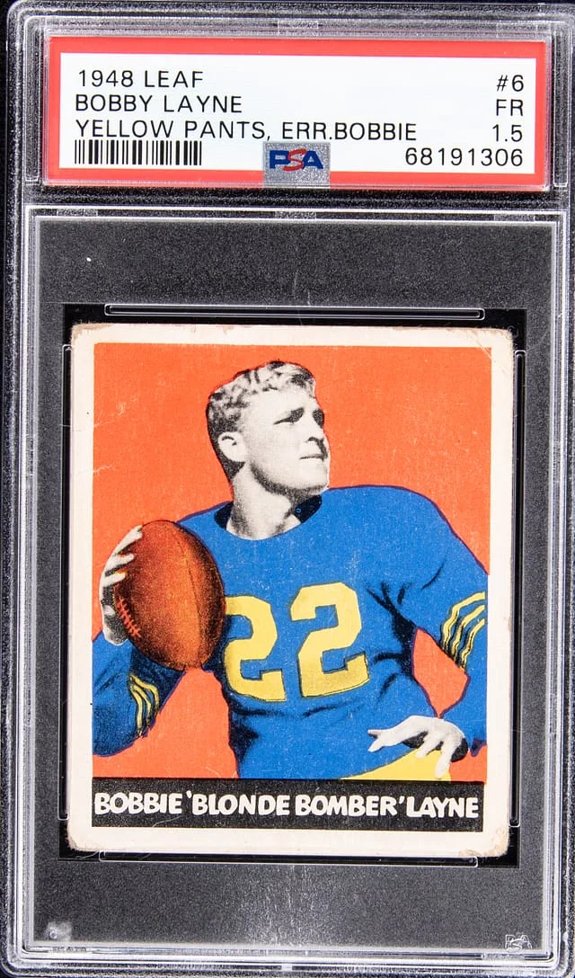 1948 Leaf Bobby Layne, Yellow Pants Error Bobbie #6 card image