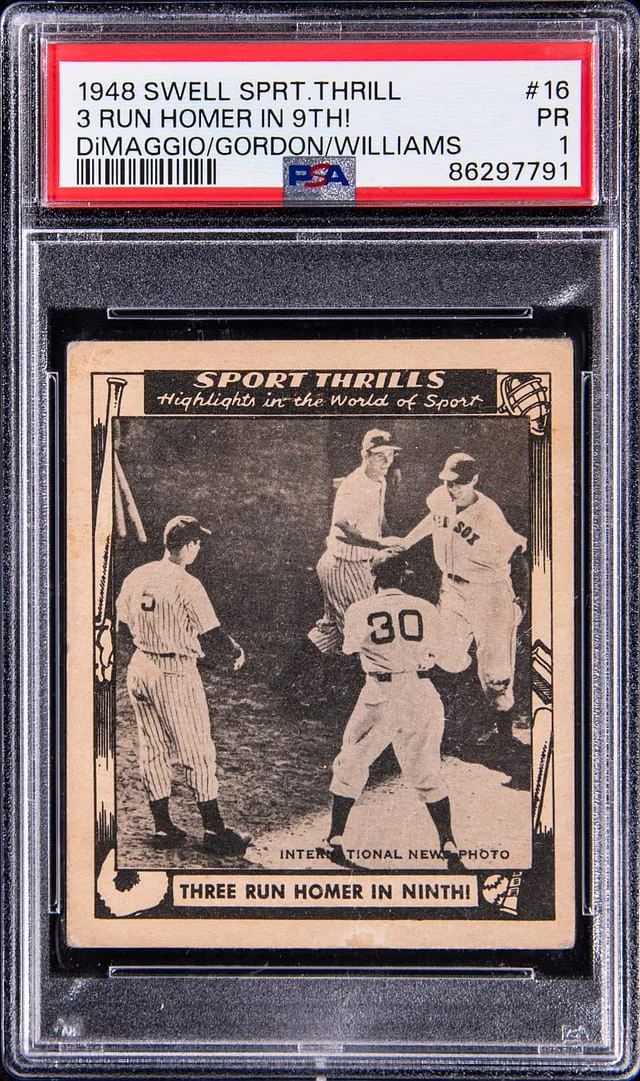 1948 Swell Sports Thrills Three Run Homer In 9th! Joe Dimaggio/Joe Gordon/Ted Williams #16 card image
