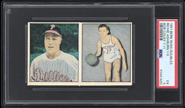 1951 Berk Ross Doubles Two-Card Panel #'s Richie Ashburn/1-11 Bob Cousy #1-9 card image