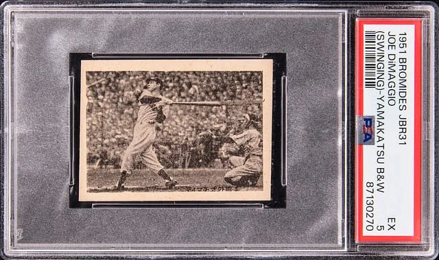 1951 Bromides Yamakatsu B&W Joe DiMaggio (Swinging/Catcher at Right) #JBR31 card image