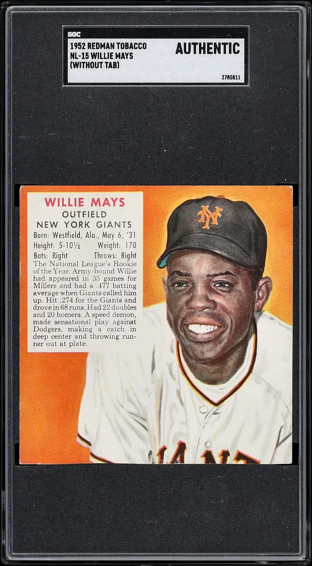 1952 Red Man Tobacco Willie Mays, Without Tab #NL-15 card image