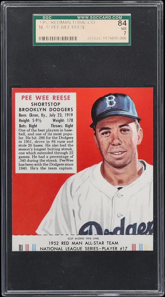 1952 Red Man Tobacco, With Tab Pee Wee Reese #17 card image