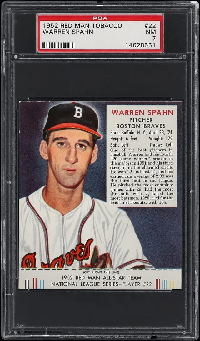 1952 Red Man Tobacco, With Tab Warren Spahn #22 card image