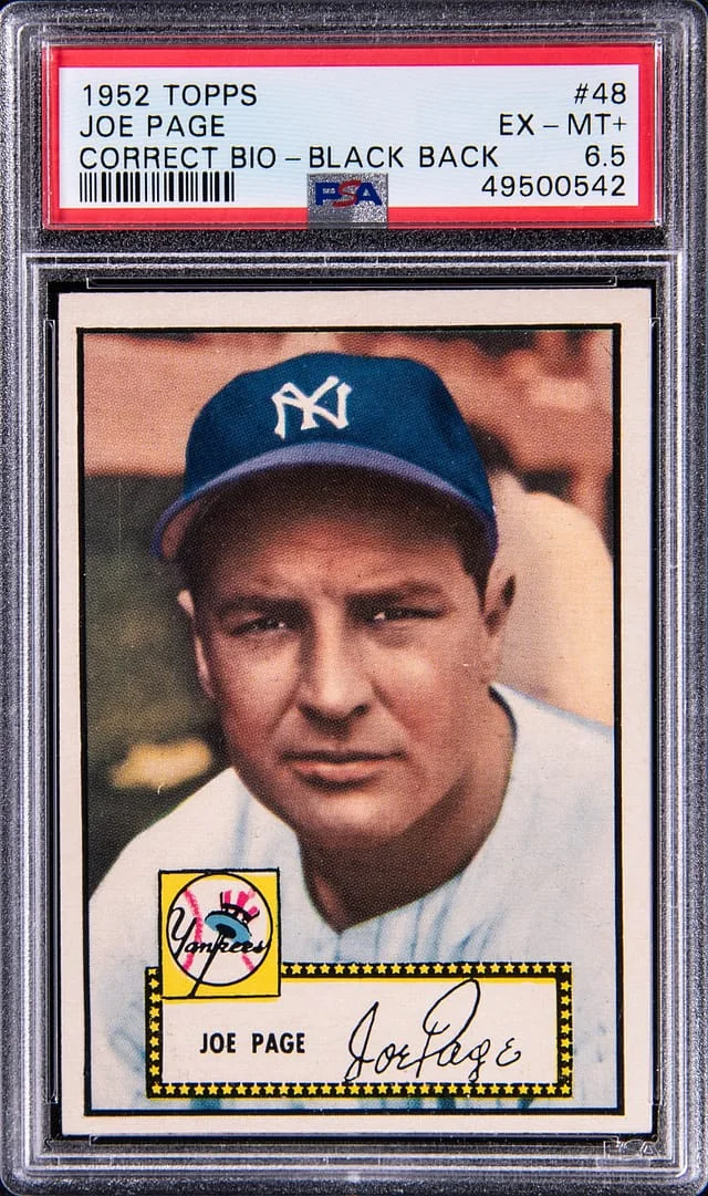 1952 Topps Joe Page Correct Bio-Black Back #48 card image