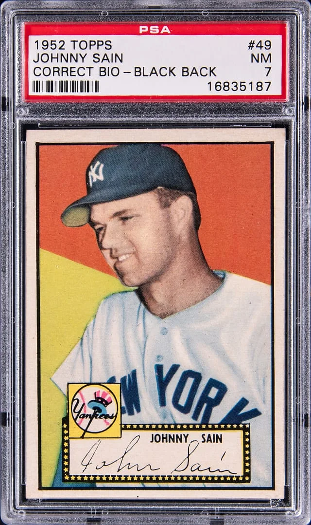 1952 Topps Johnny Sain, Correct Bio #49 card image