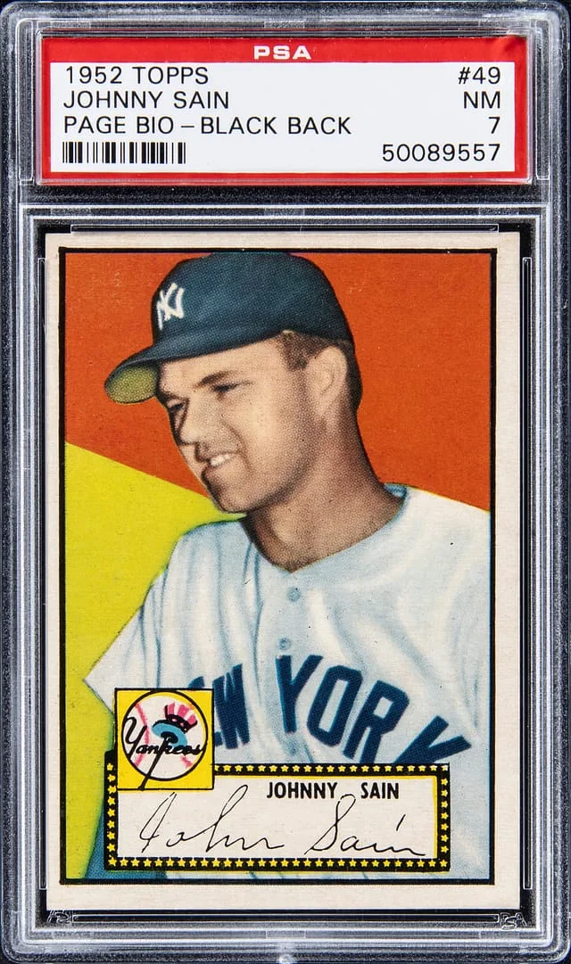 1952 Topps Johnny Sain (Page Bio) #49 card image