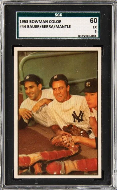 1953 Bowman Hank Bauer/Mickey Mantle/Yogi Berra Color #44 card image