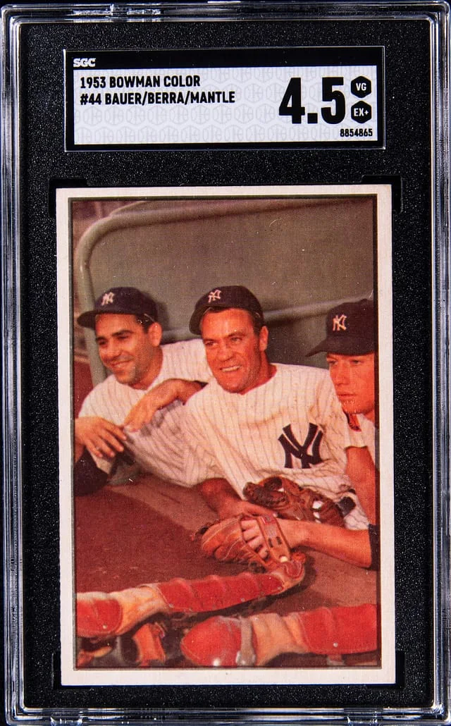 1953 Bowman Hank Bauer/Yogi Berra/Mickey Mantle Color #44 card image