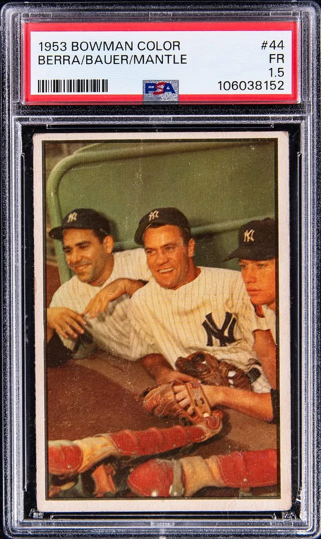 1953 Bowman Yogi Berra, Hank Bauer, Mickey Mantle Color #44 card image