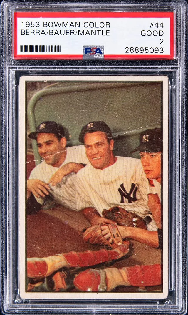 1953 Bowman Yogi Berra/Hank Bauer/Mickey Mantle Color #44 card image